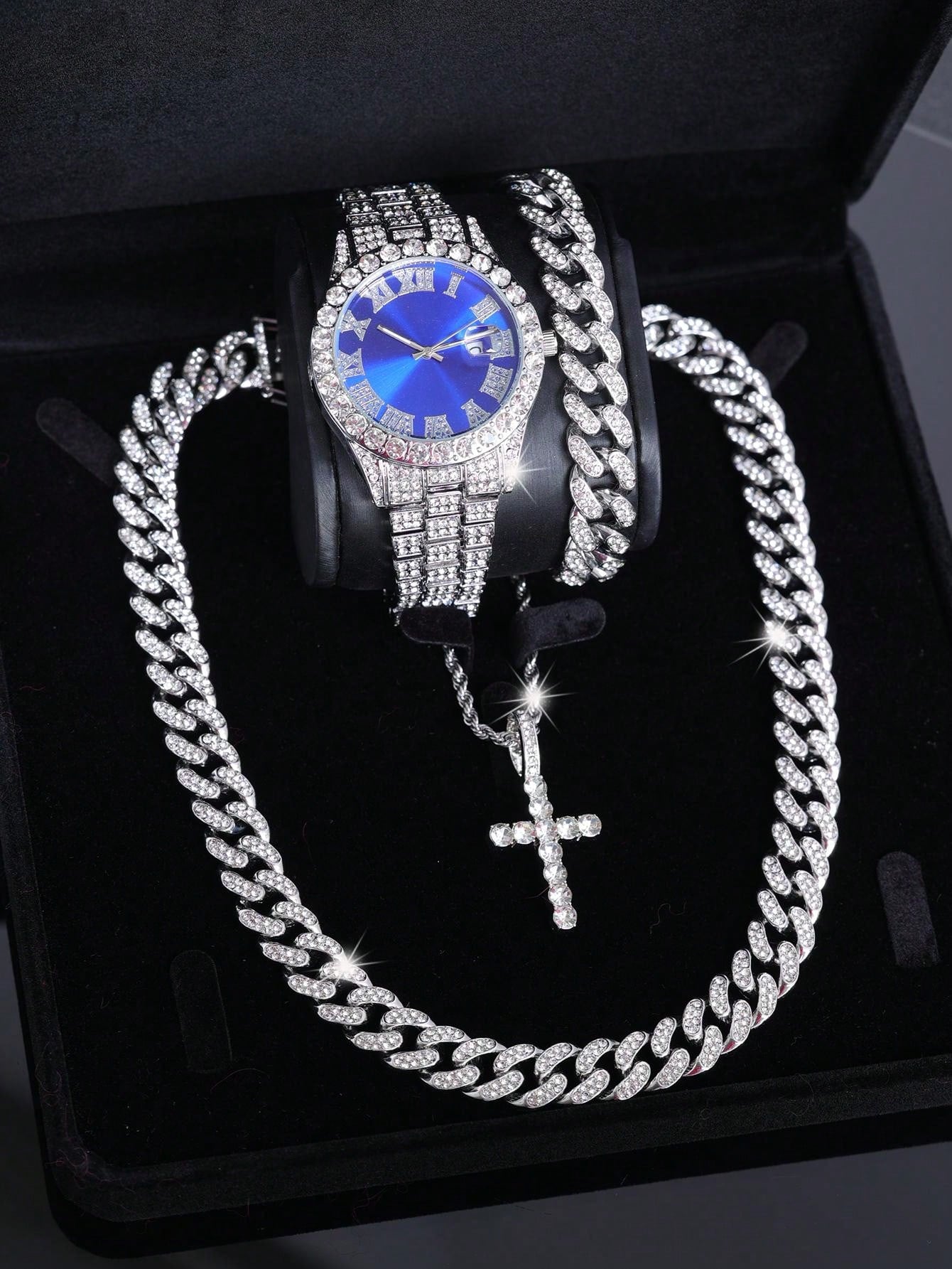 CVNANA 4pcs/Set Men's Watch And Hip Hop Cuban Chain Necklace Bracelet Set