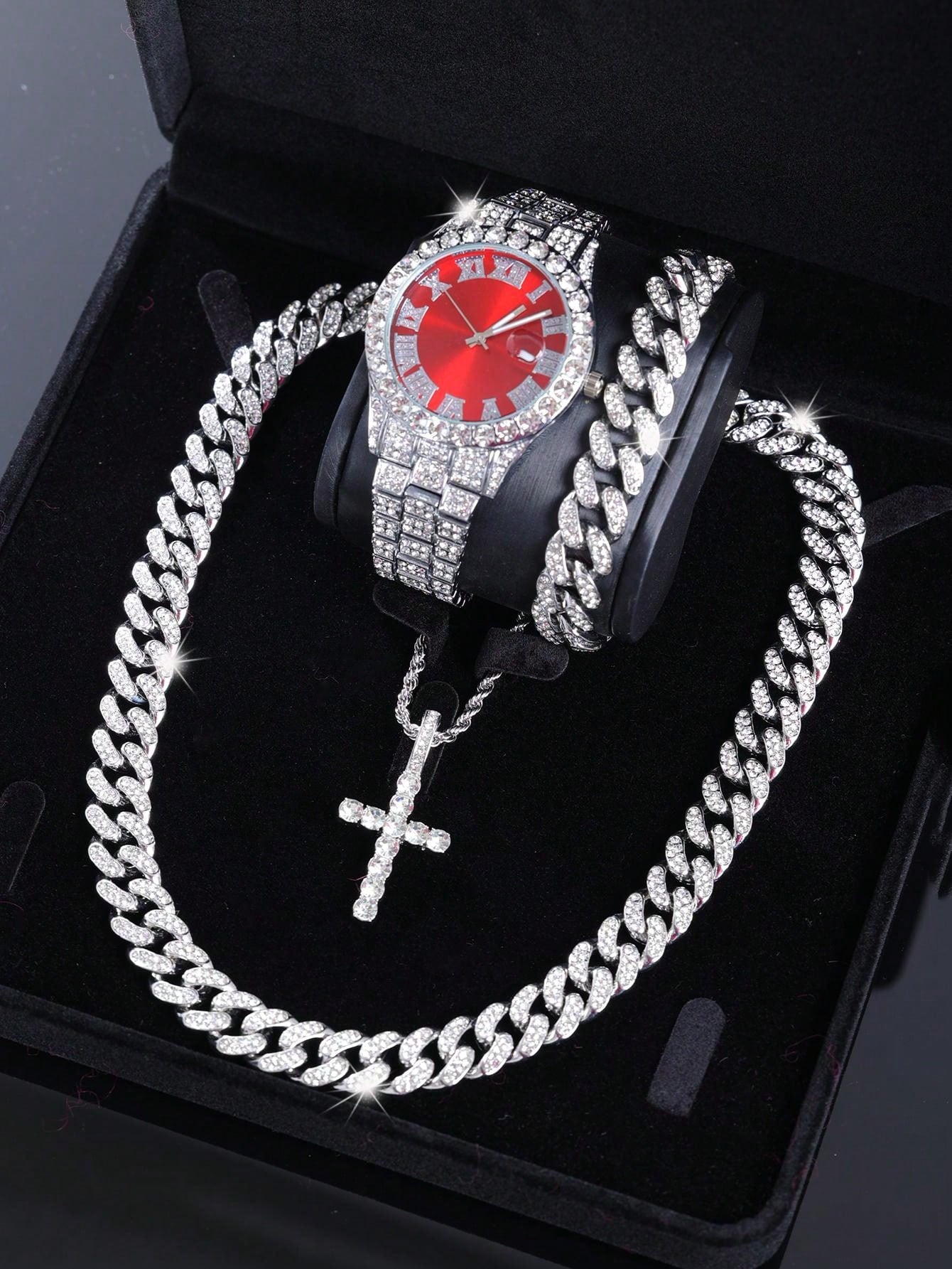 CVNANA 4pcs/Set Men's Watch And Hip Hop Cuban Chain Necklace Bracelet Set