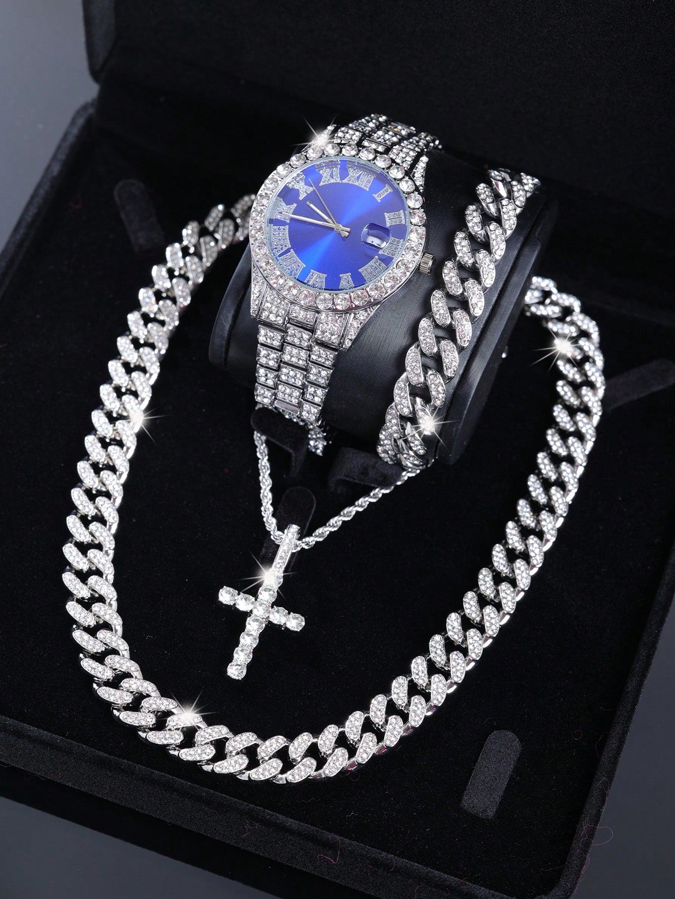 CVNANA 4pcs/Set Men's Watch And Hip Hop Cuban Chain Necklace Bracelet Set