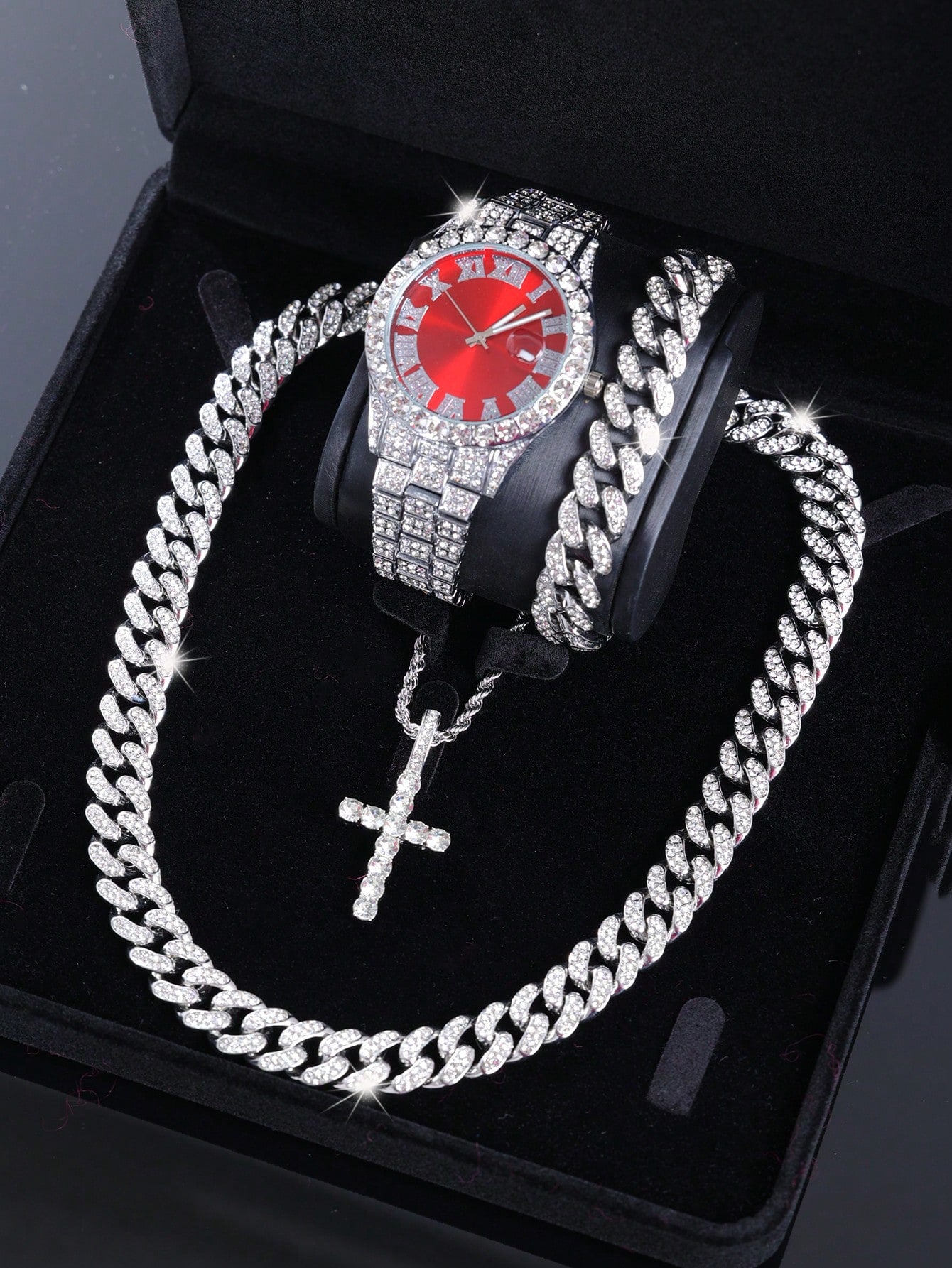 CVNANA 4pcs/Set Men's Watch And Hip Hop Cuban Chain Necklace Bracelet Set