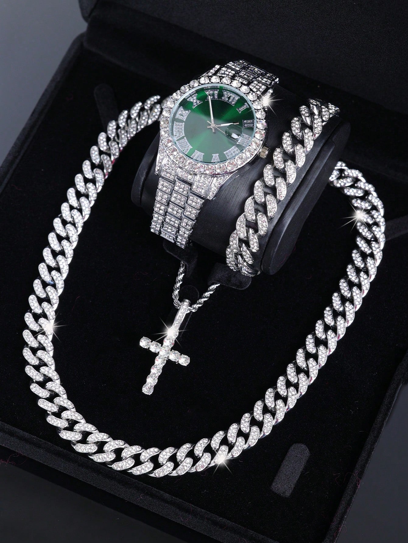 CVNANA 4pcs/Set Men's Watch And Hip Hop Cuban Chain Necklace Bracelet Set