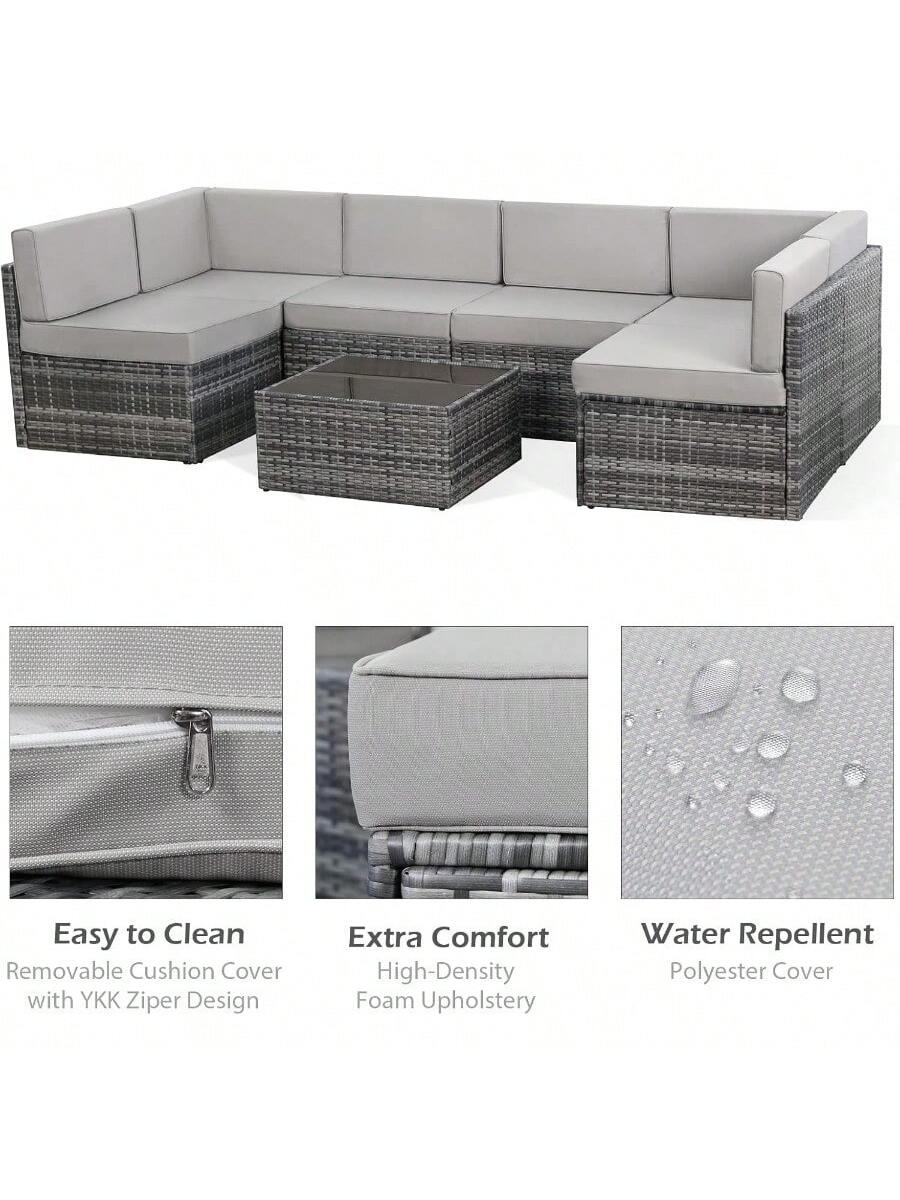 7 Piece Outdoor Patio Furniture Set, PE Rattan Outdoor Grey Wicker Furniture, Outdoor Sectional Furniture Chair Set With Cushions And Tea Table, Grey Rattan And Grey Cushion