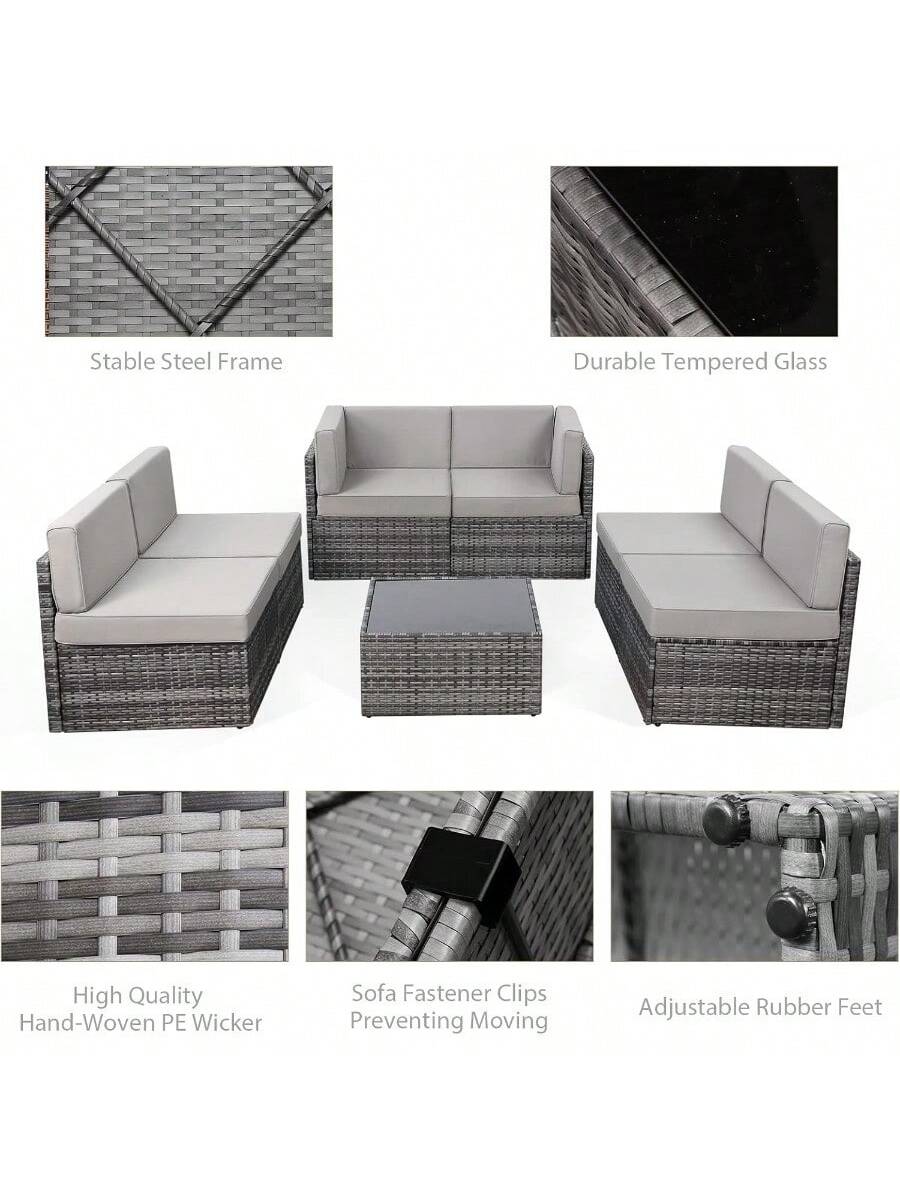 7 Piece Outdoor Patio Furniture Set, PE Rattan Outdoor Grey Wicker Furniture, Outdoor Sectional Furniture Chair Set With Cushions And Tea Table, Grey Rattan And Grey Cushion