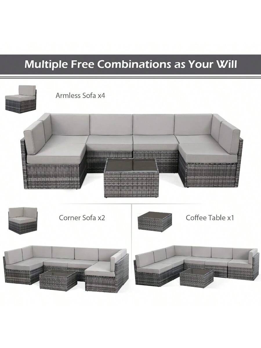 7 Piece Outdoor Patio Furniture Set, PE Rattan Outdoor Grey Wicker Furniture, Outdoor Sectional Furniture Chair Set With Cushions And Tea Table, Grey Rattan And Grey Cushion