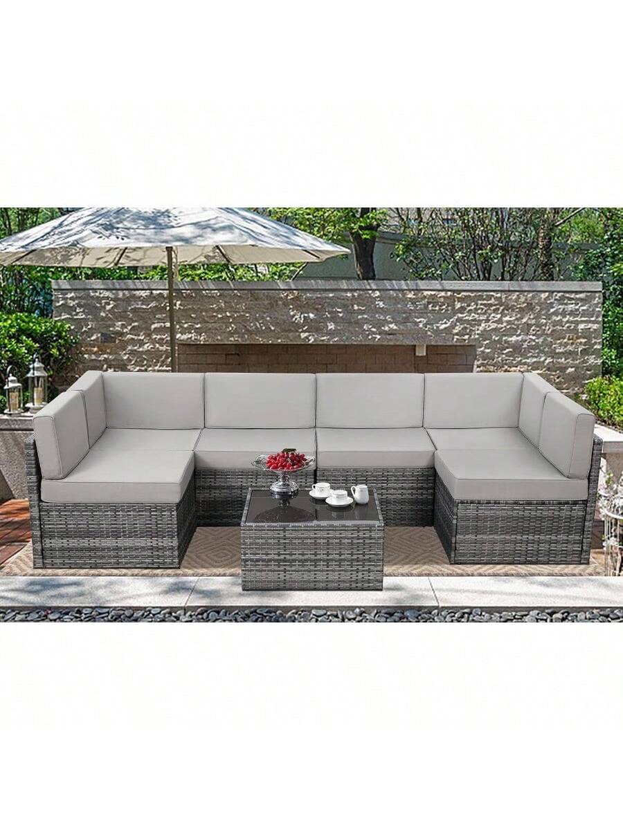 7 Piece Outdoor Patio Furniture Set, PE Rattan Outdoor Grey Wicker Furniture, Outdoor Sectional Furniture Chair Set With Cushions And Tea Table, Grey Rattan And Grey Cushion