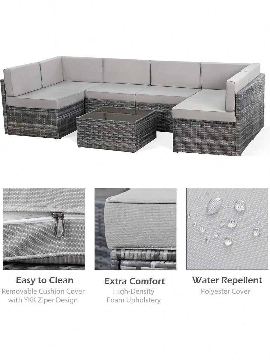 7 Piece Outdoor Patio Furniture Set, PE Rattan Outdoor Grey Wicker Furniture, Outdoor Sectional Furniture Chair Set With Cushions And Tea Table, Grey Rattan And Grey Cushion