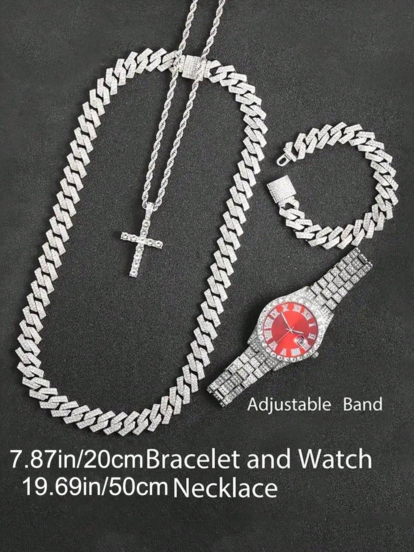 CVNANA 4pcs/Set Men's Watch And Hip Hop Cuban Chain Necklace Bracelet Set