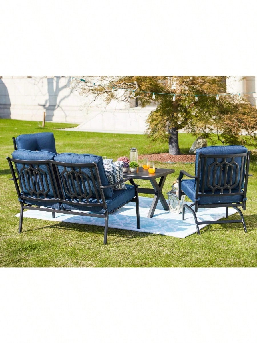 4 Pices Patio Furniture Conversation Set,Metal Outdoor Furniture Set W/All Weather Cushioned Loveseat,Poolside Lawn Chairs,Coffee Table