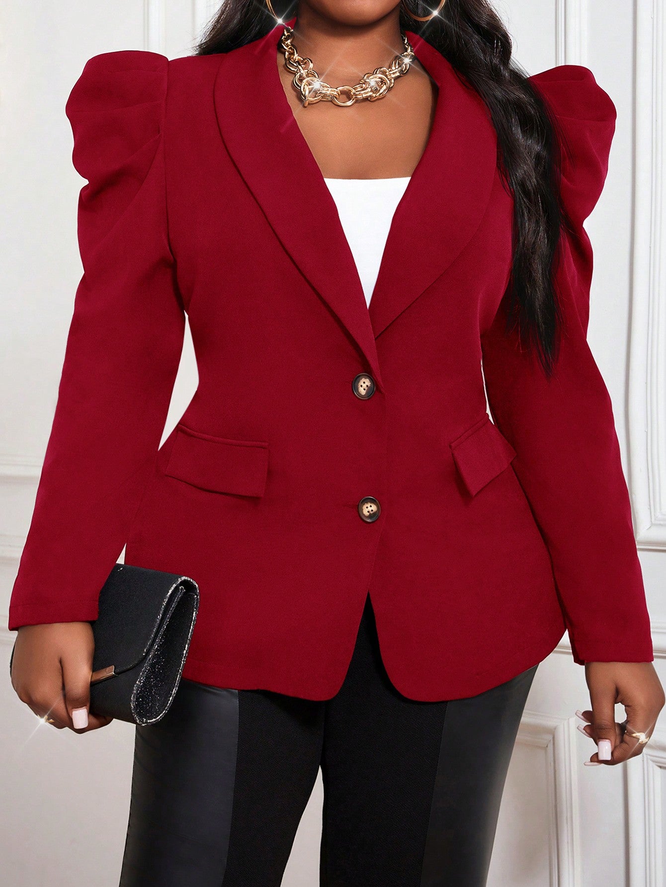 Lady Autumn And Winter Casual Black Woven Lapel Leg-Of-Mutton Sleeve Long Sleeve Plus Size Blazers, For Christmas