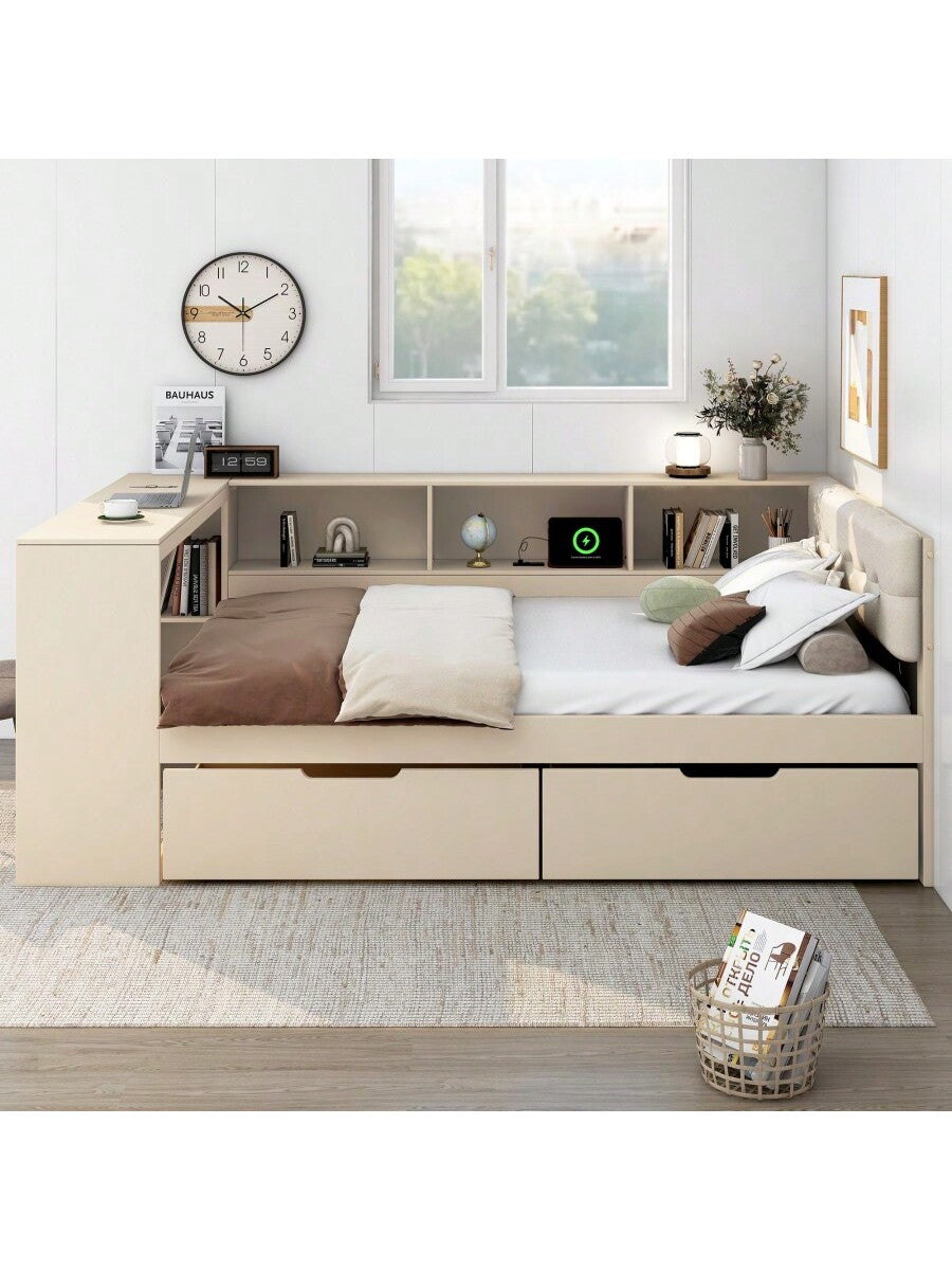 Wood Full Size Platform Bed With Storage Shelves Drawers Charging Station And Upholstered Headboard Cream
