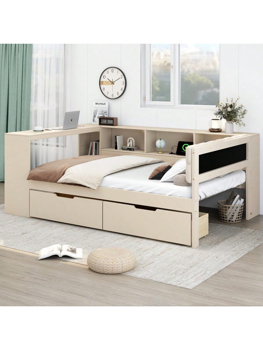 Wood Full Size Platform Bed With Storage Shelves Drawers Charging Station And Upholstered Headboard Cream
