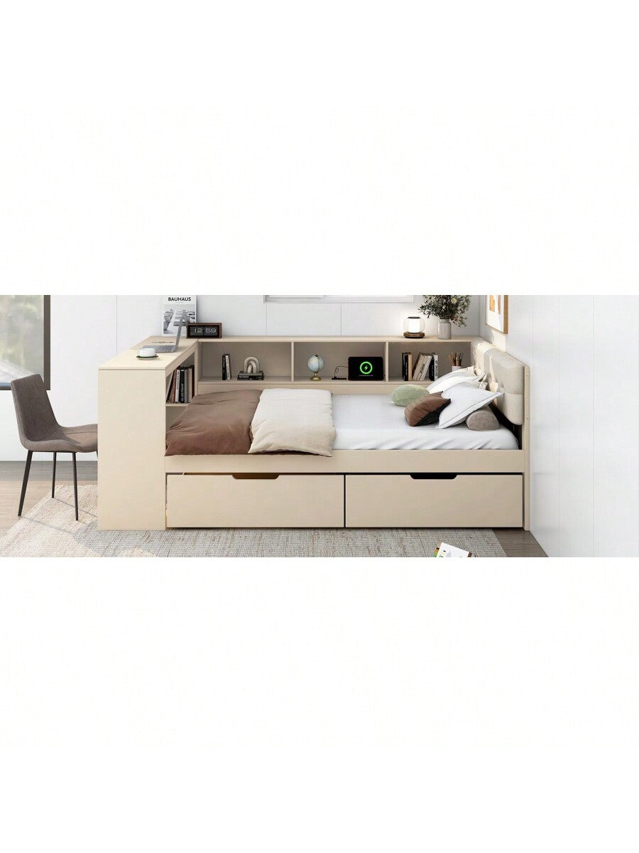 Wood Full Size Platform Bed With Storage Shelves Drawers Charging Station And Upholstered Headboard Cream