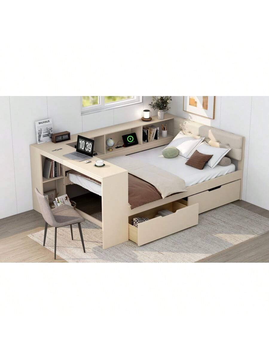 Wood Full Size Platform Bed With Storage Shelves Drawers Charging Station And Upholstered Headboard Cream