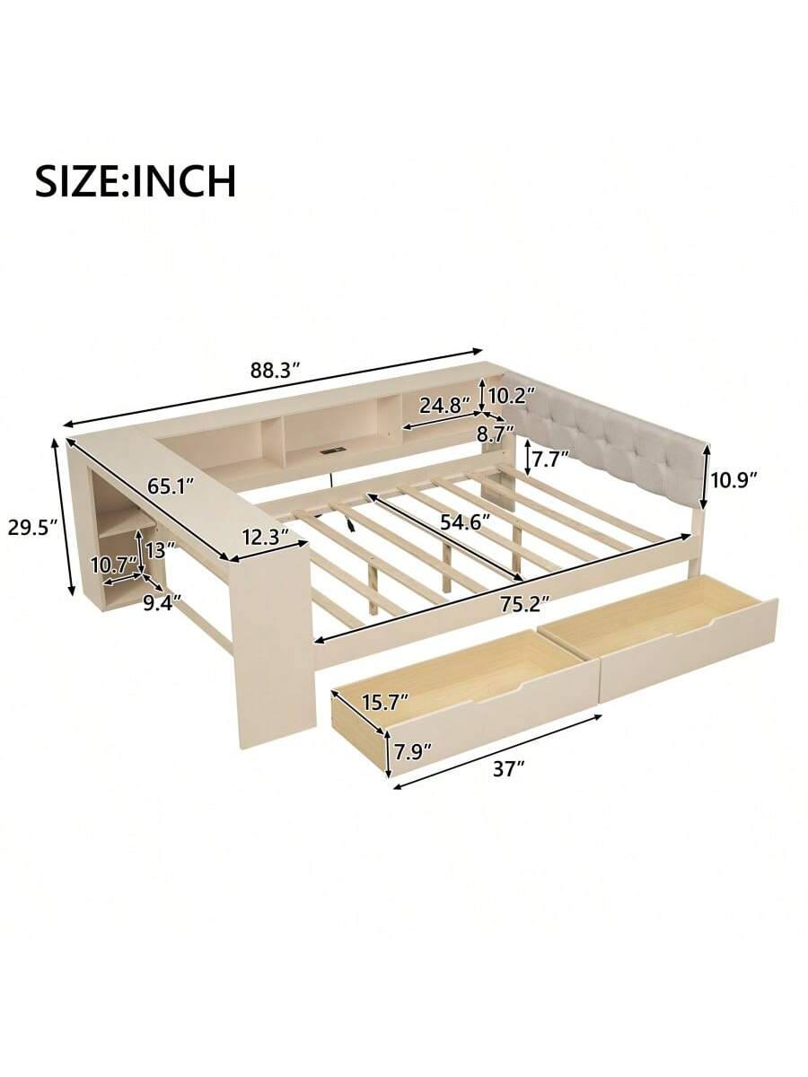 Wood Full Size Platform Bed With Storage Shelves Drawers Charging Station And Upholstered Headboard Cream
