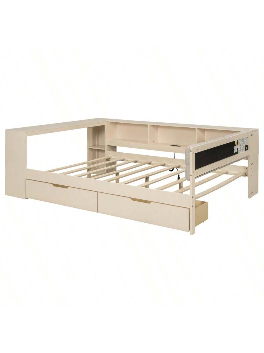 Wood Full Size Platform Bed With Storage Shelves Drawers Charging Station And Upholstered Headboard Cream