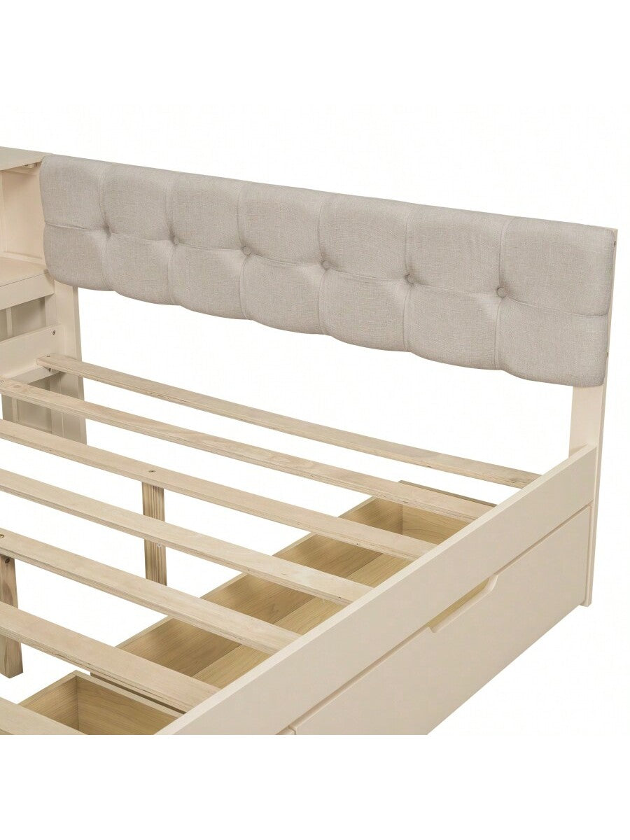 Wood Full Size Platform Bed With Storage Shelves Drawers Charging Station And Upholstered Headboard Cream