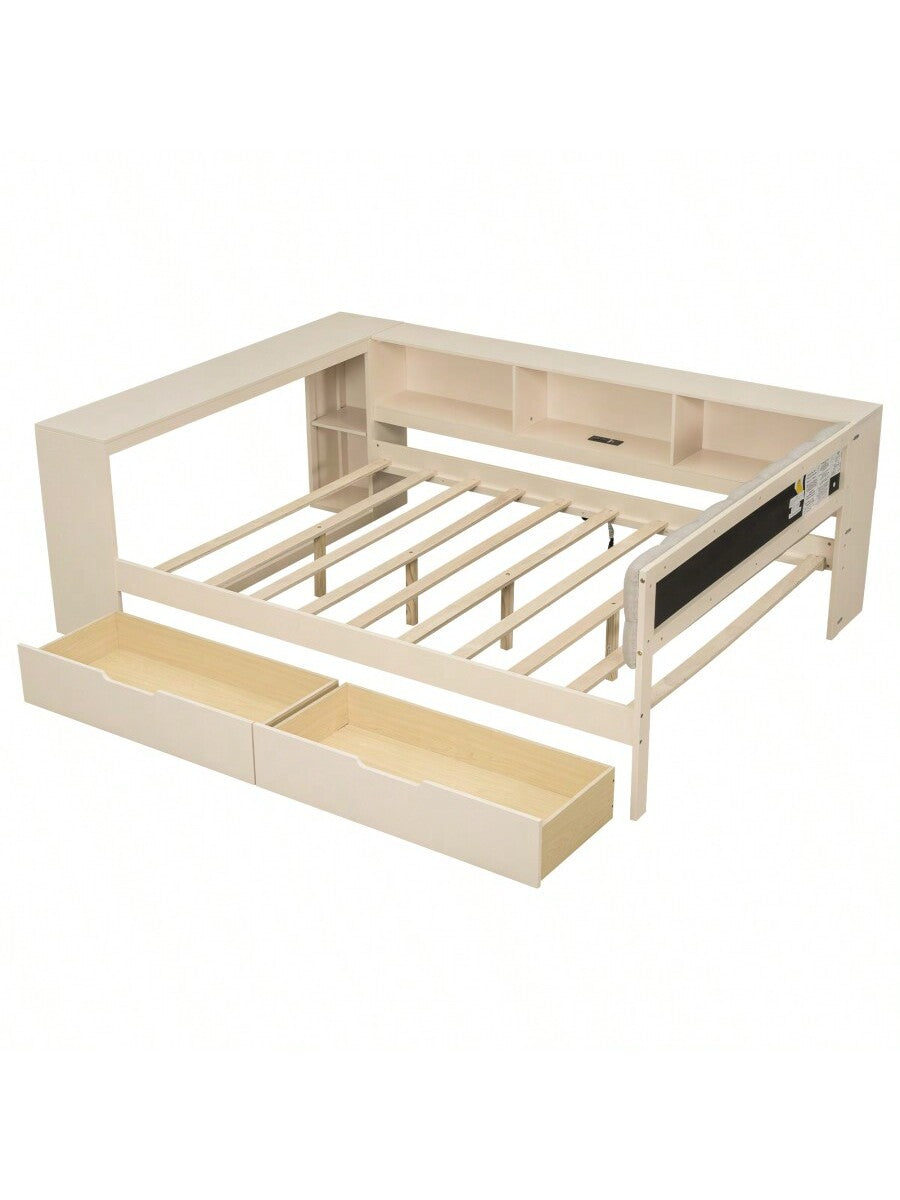 Wood Full Size Platform Bed With Storage Shelves Drawers Charging Station And Upholstered Headboard Cream