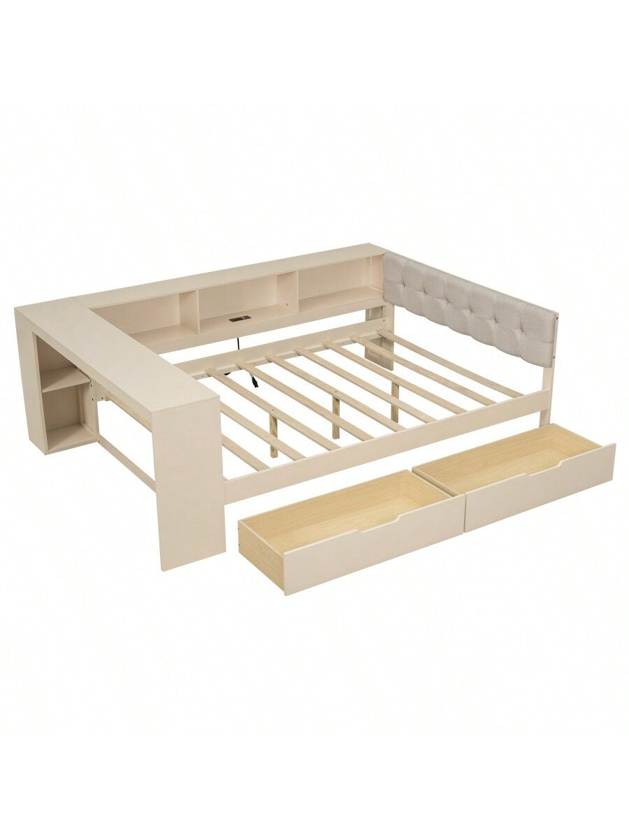 Wood Full Size Platform Bed With Storage Shelves Drawers Charging Station And Upholstered Headboard Cream