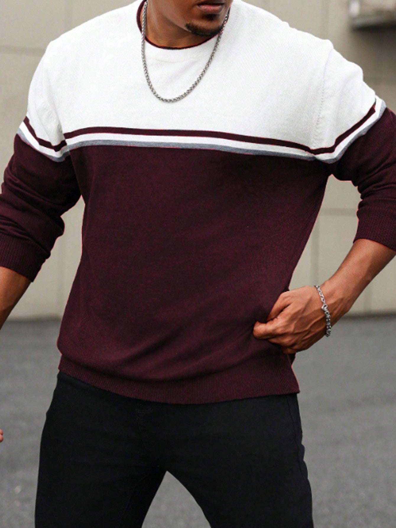 Manfinity CityGents Plus Size Men's Contrast Color Round Neck Casual Pullover Sweater