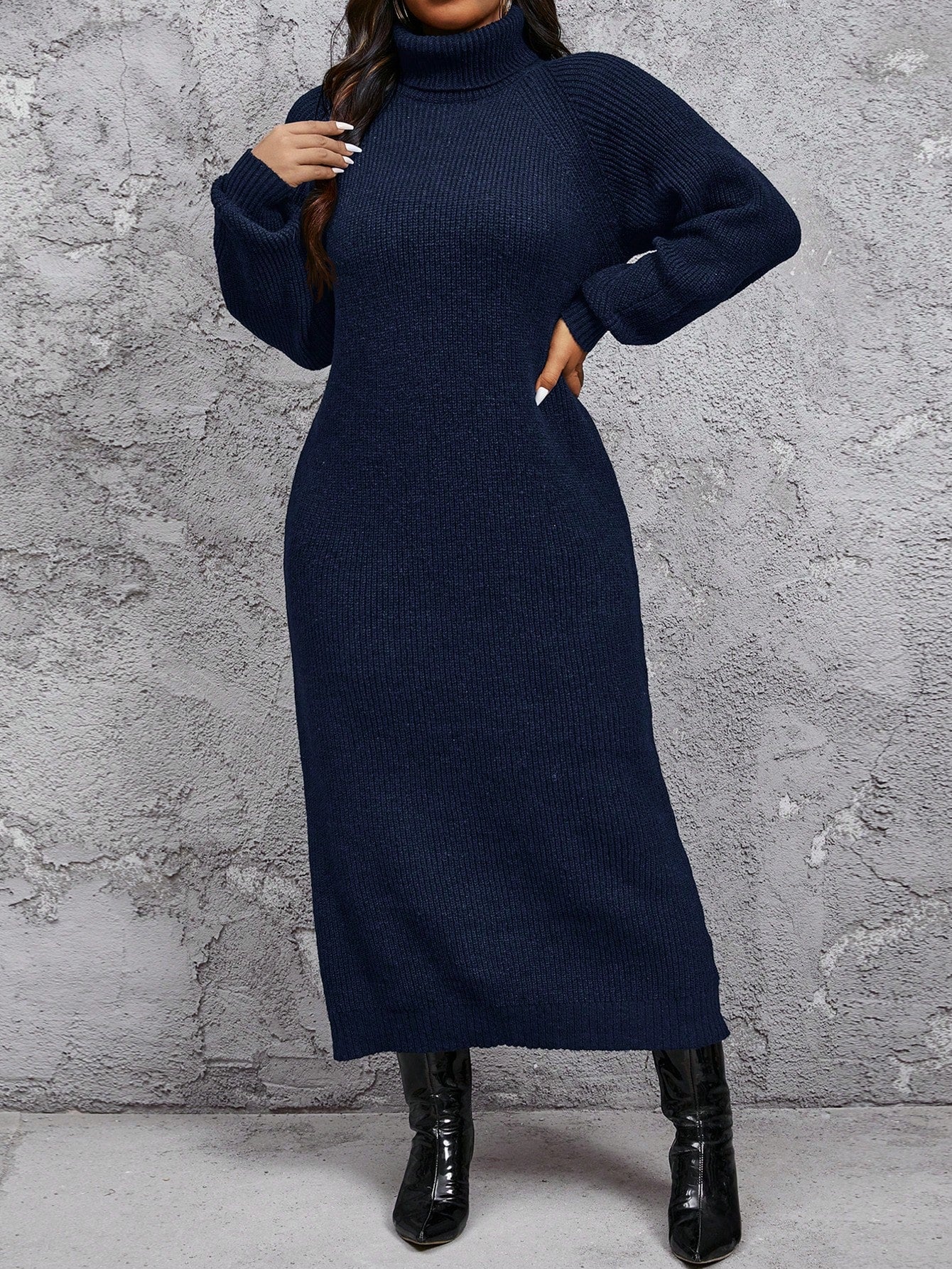Plus Size Women's Comfortable Casual Minimalist High Neck Loose Thick Fuzzy Warm Sweater Dress, Can Be Layered Over Coats Or Worn Alone, Black Long Sleeve Knitted