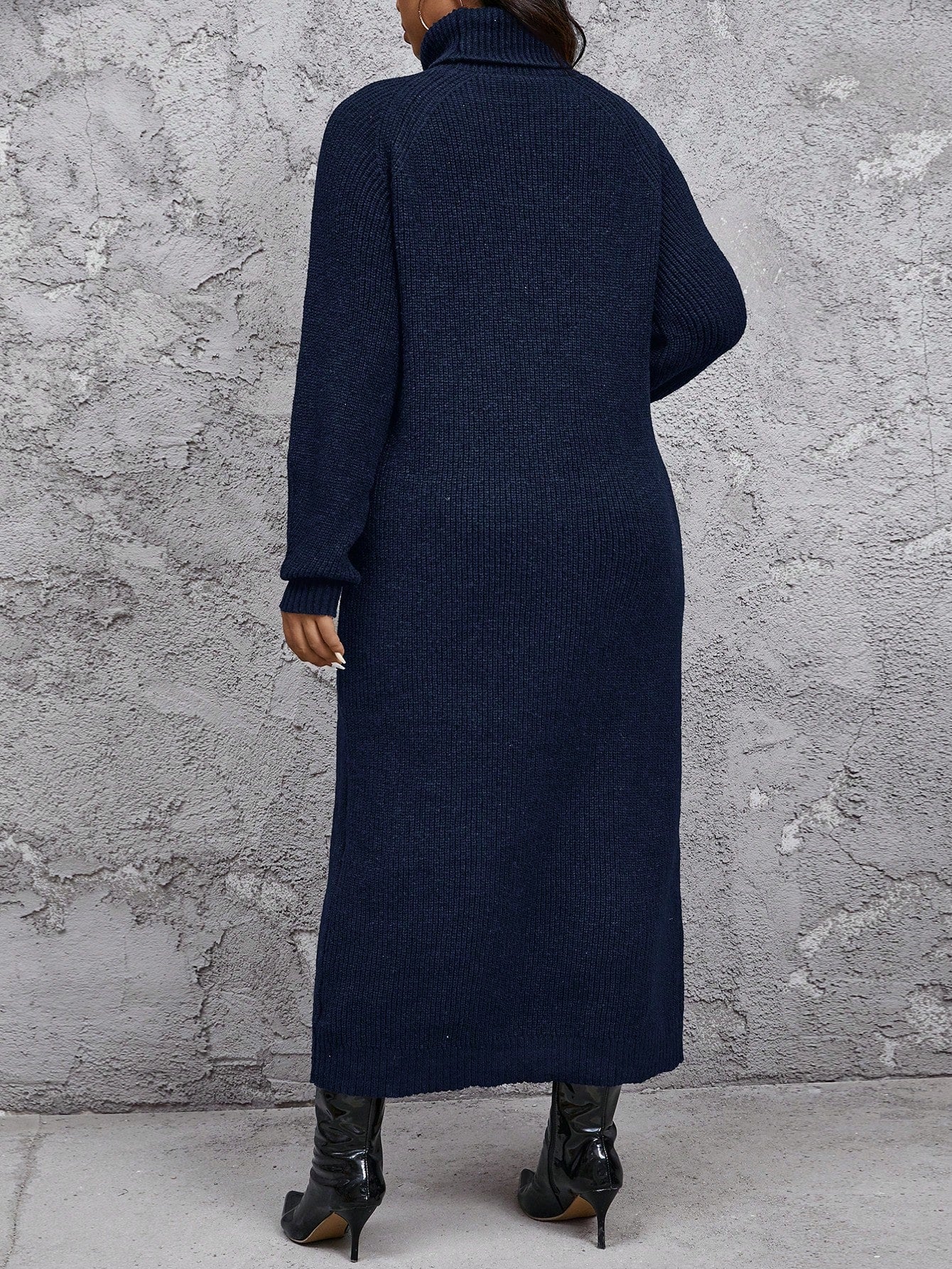 Plus Size Women's Comfortable Casual Minimalist High Neck Loose Thick Fuzzy Warm Sweater Dress, Can Be Layered Over Coats Or Worn Alone, Black Long Sleeve Knitted
