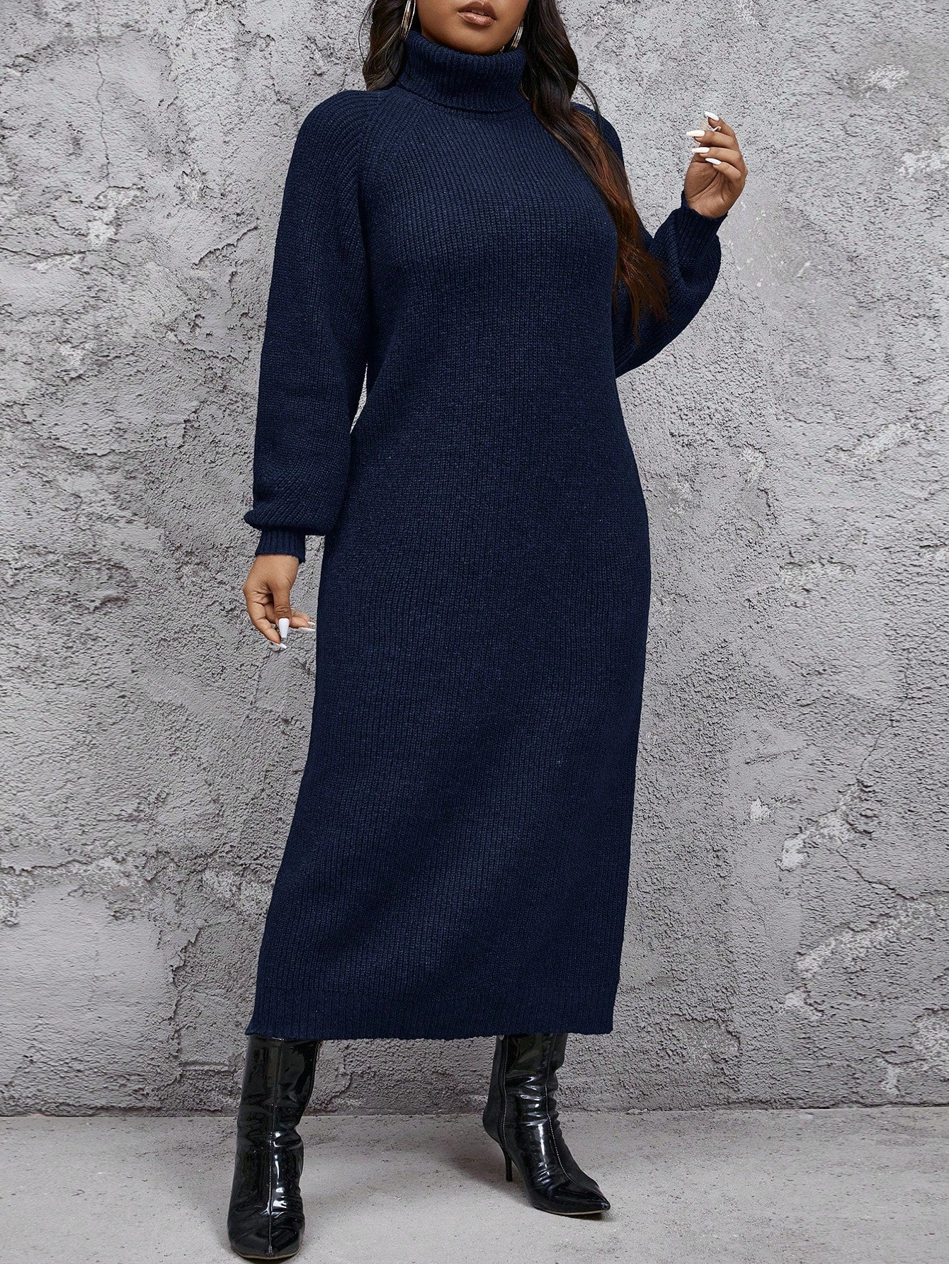 Plus Size Women's Comfortable Casual Minimalist High Neck Loose Thick Fuzzy Warm Sweater Dress, Can Be Layered Over Coats Or Worn Alone, Black Long Sleeve Knitted