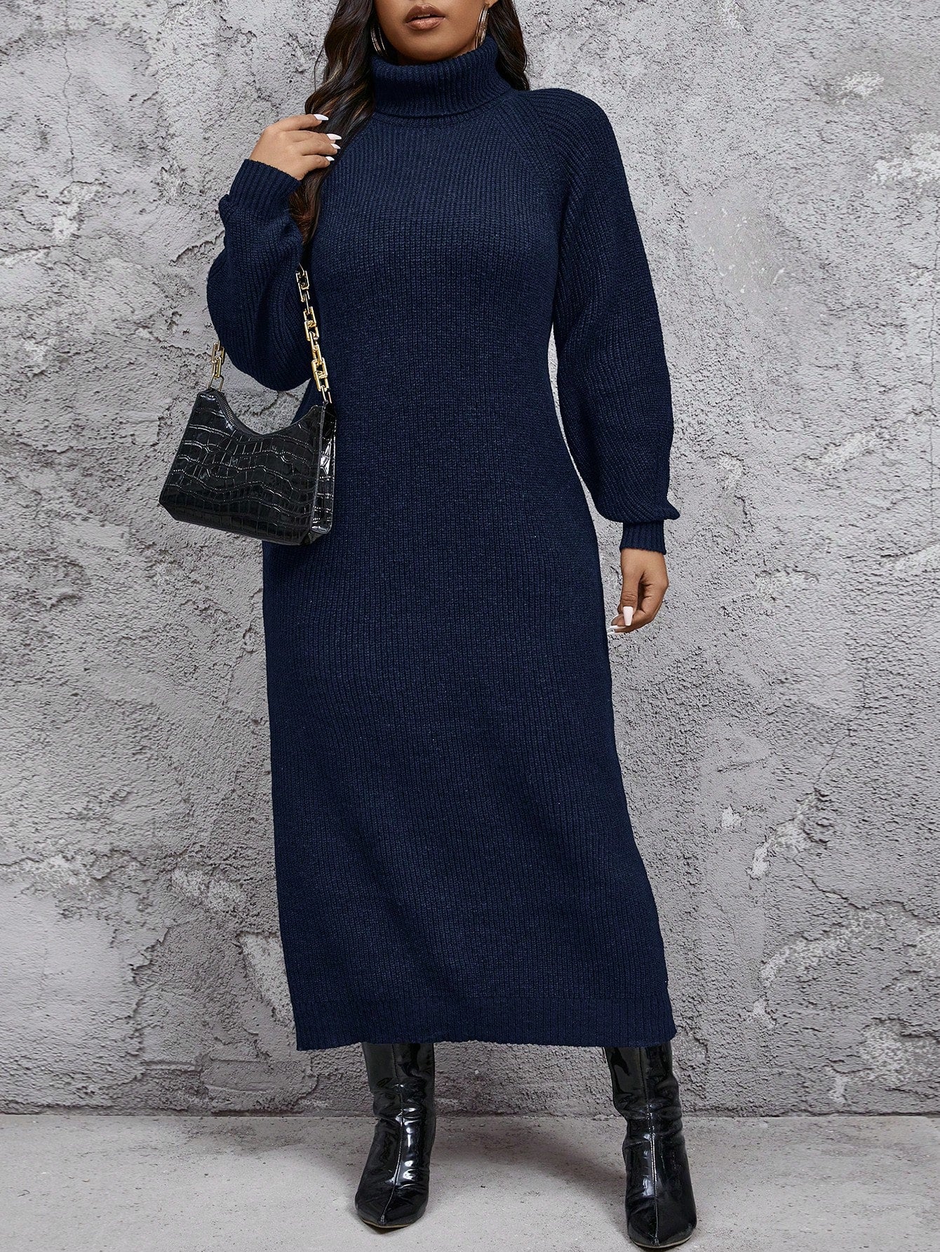 Plus Size Women's Comfortable Casual Minimalist High Neck Loose Thick Fuzzy Warm Sweater Dress, Can Be Layered Over Coats Or Worn Alone, Black Long Sleeve Knitted