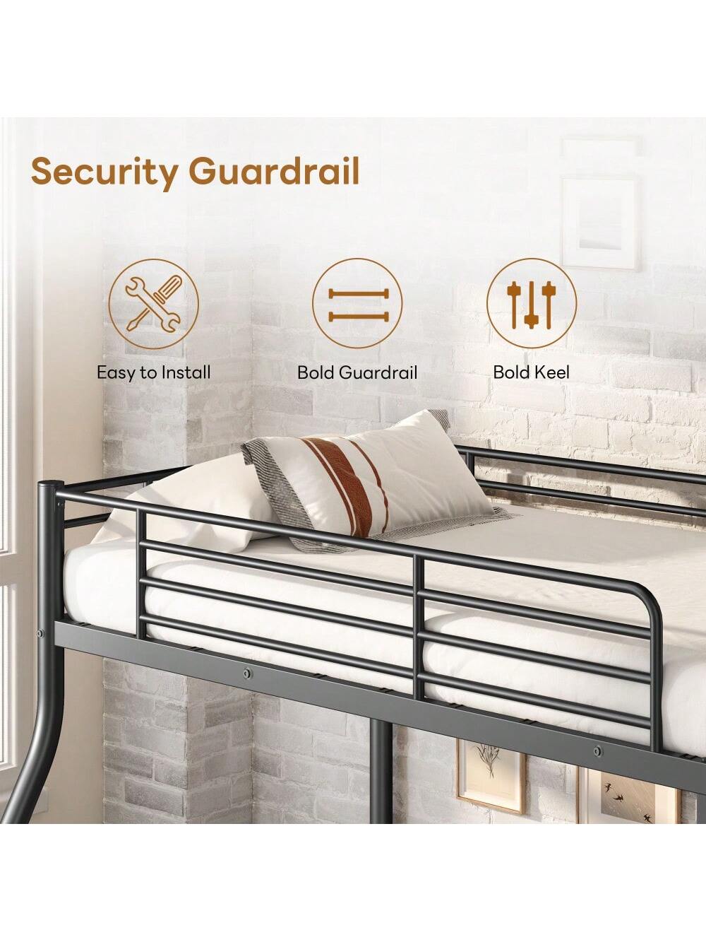 Twin Over Full Metal Bunk Bed With Integrated Ladder And Guardrails, Durable And Safe