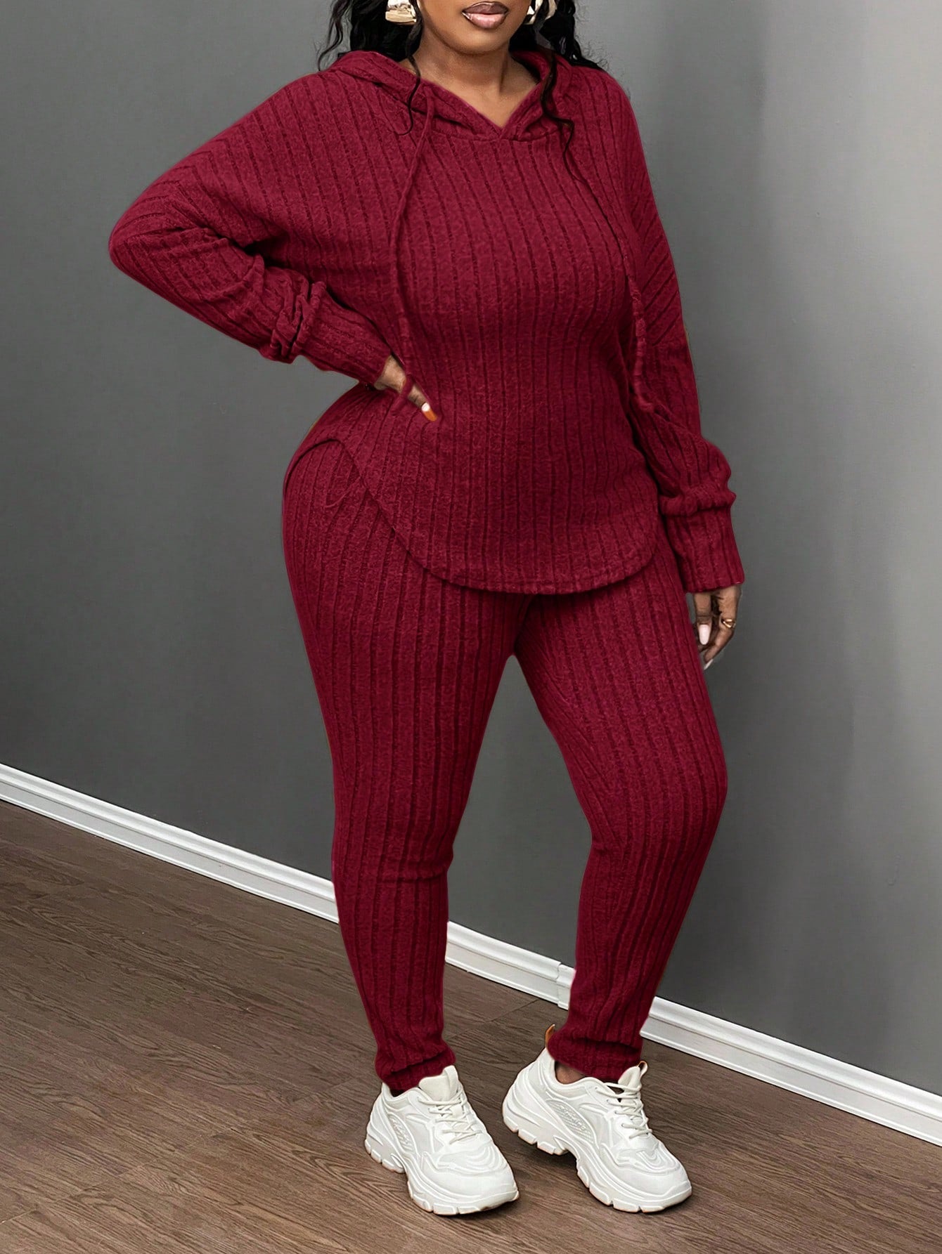 Plus Size Casual Olive Green Ribbed Knit Hoodie & Slim Fit Pants 2Pcs Set, Autumn/Winter