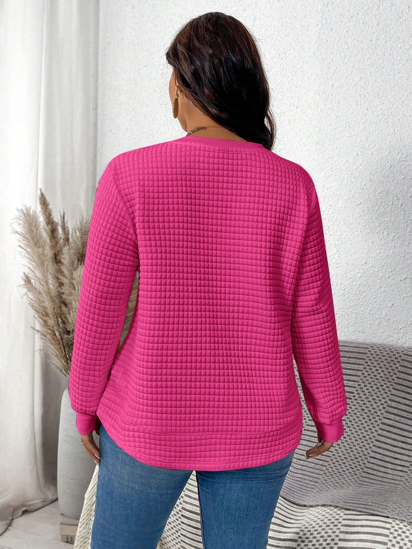 Plus Size Solid Color Round Neck Long Sleeve Simple Casual Top, Everyday Wear