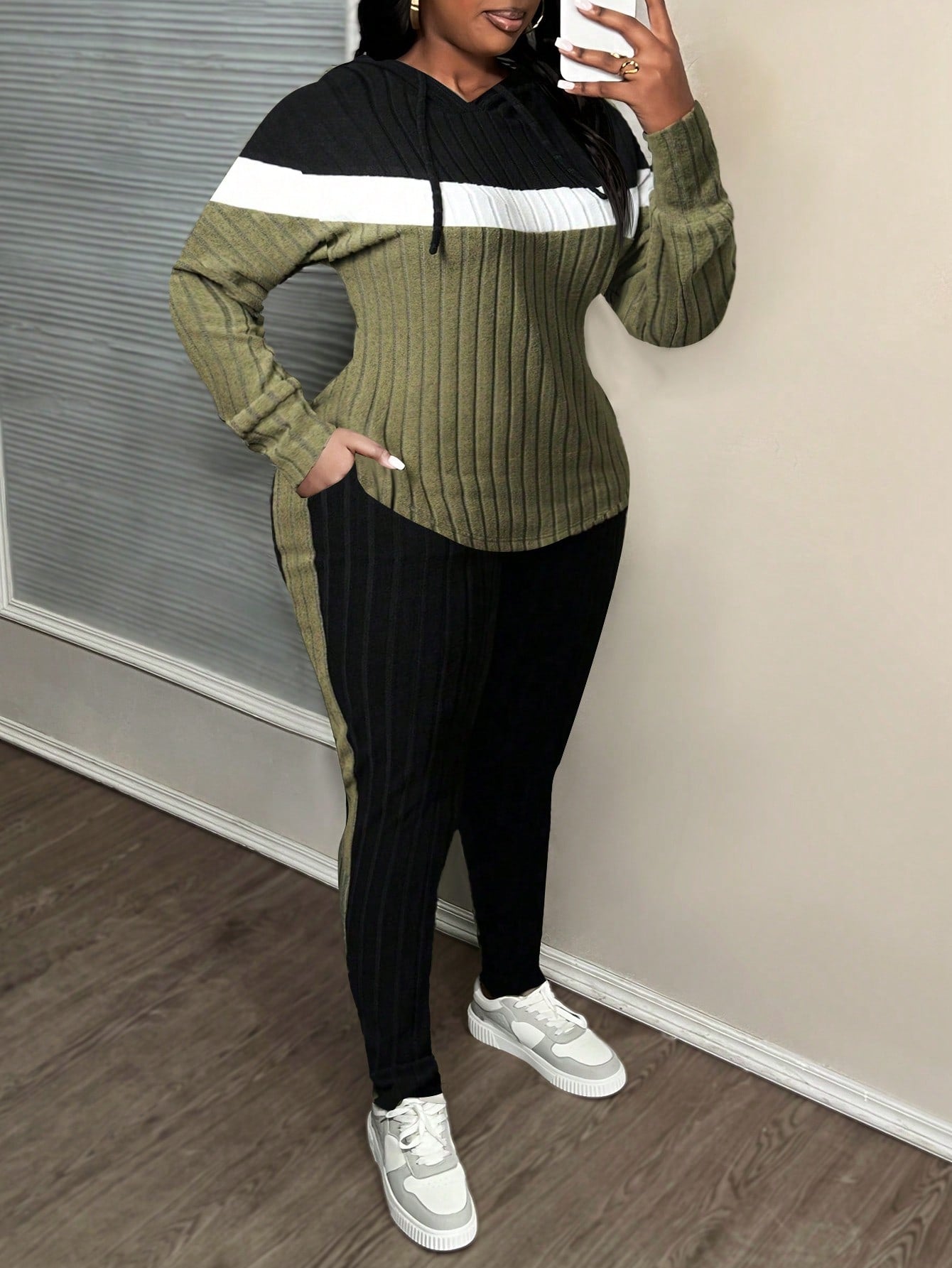 Plus Size Casual Olive Green Ribbed Knit Hoodie & Slim Fit Pants 2Pcs Set, Autumn/Winter
