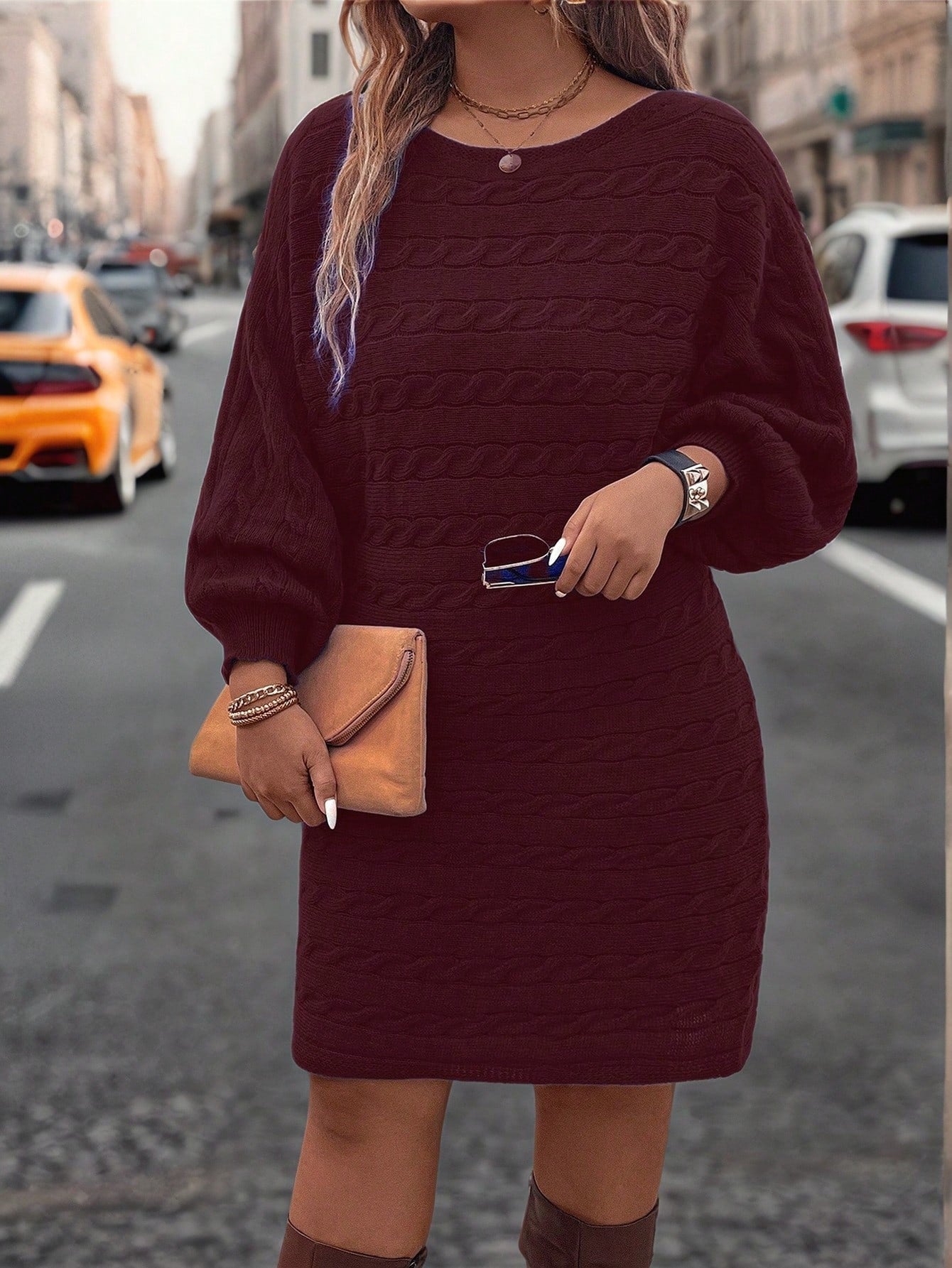 LUNE Plus Size Women Batwing Sleeve Knit Sweater Dress