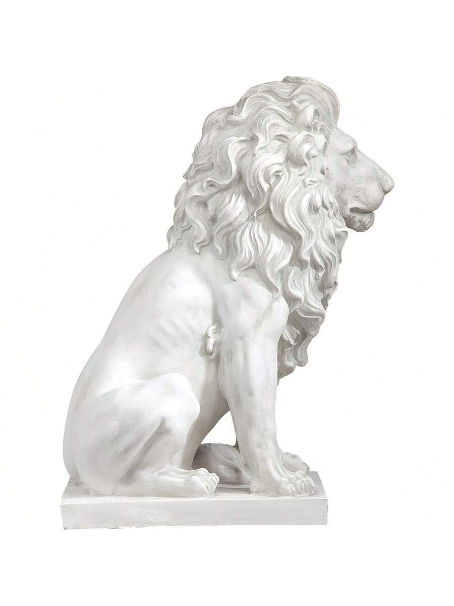 Lion Of Sentinel Statue, Handcast Polyresin, Antique Stone Finish, 13 Inches Wide, 21 Inches Deep, 28 Inches High