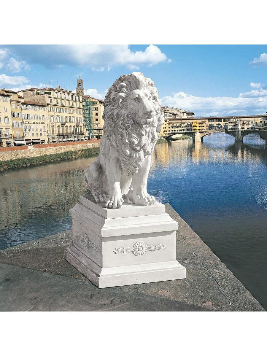 Lion Of Sentinel Statue, Handcast Polyresin, Antique Stone Finish, 13 Inches Wide, 21 Inches Deep, 28 Inches High