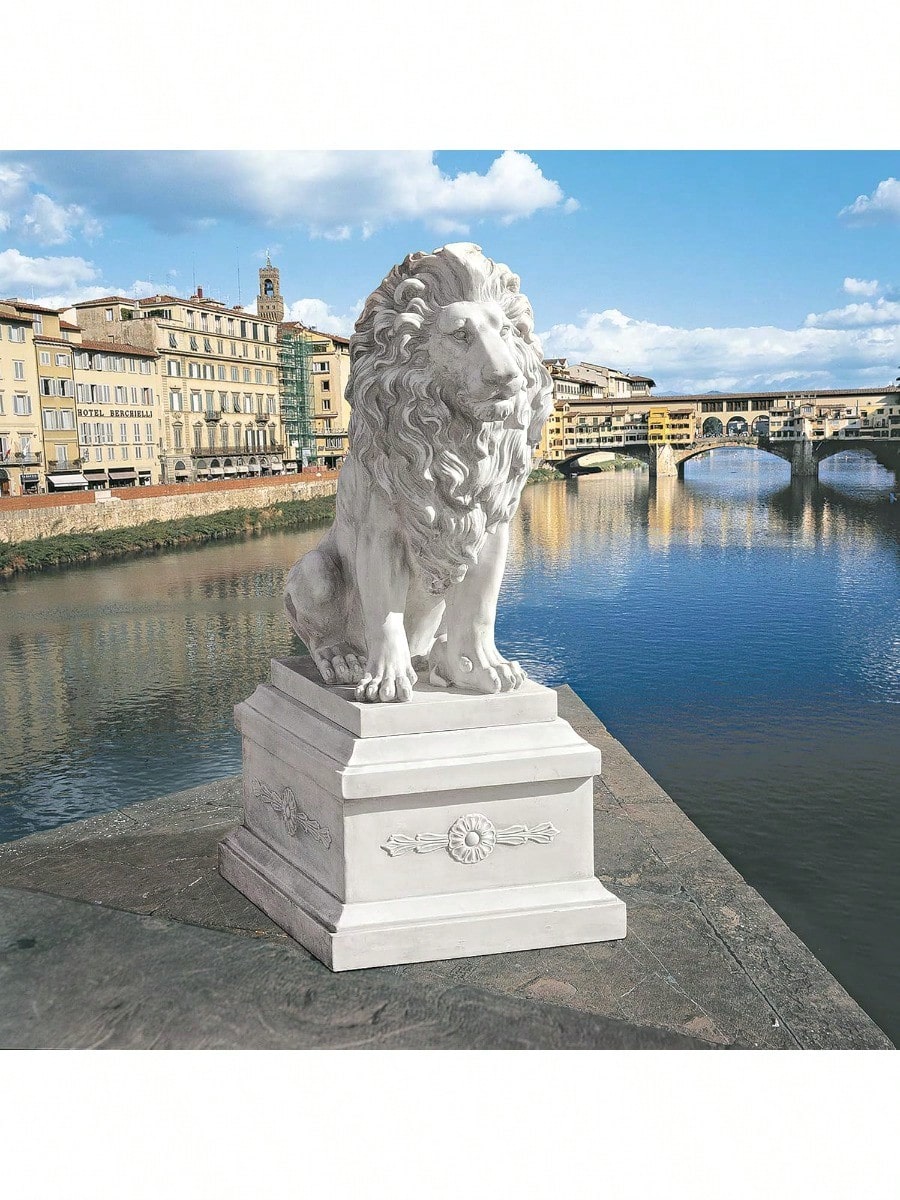 Lion Of Sentinel Statue, Handcast Polyresin, Antique Stone Finish, 13 Inches Wide, 21 Inches Deep, 28 Inches High