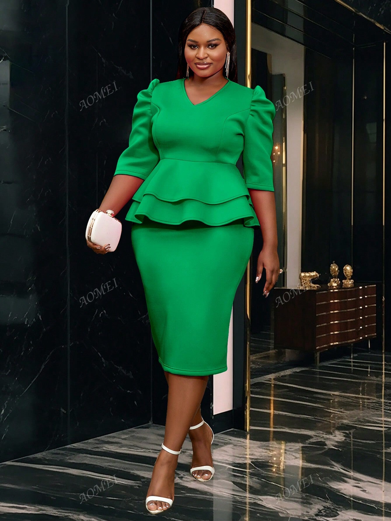 Plus Size Solid Color V-Neck Midi Tunic Dress