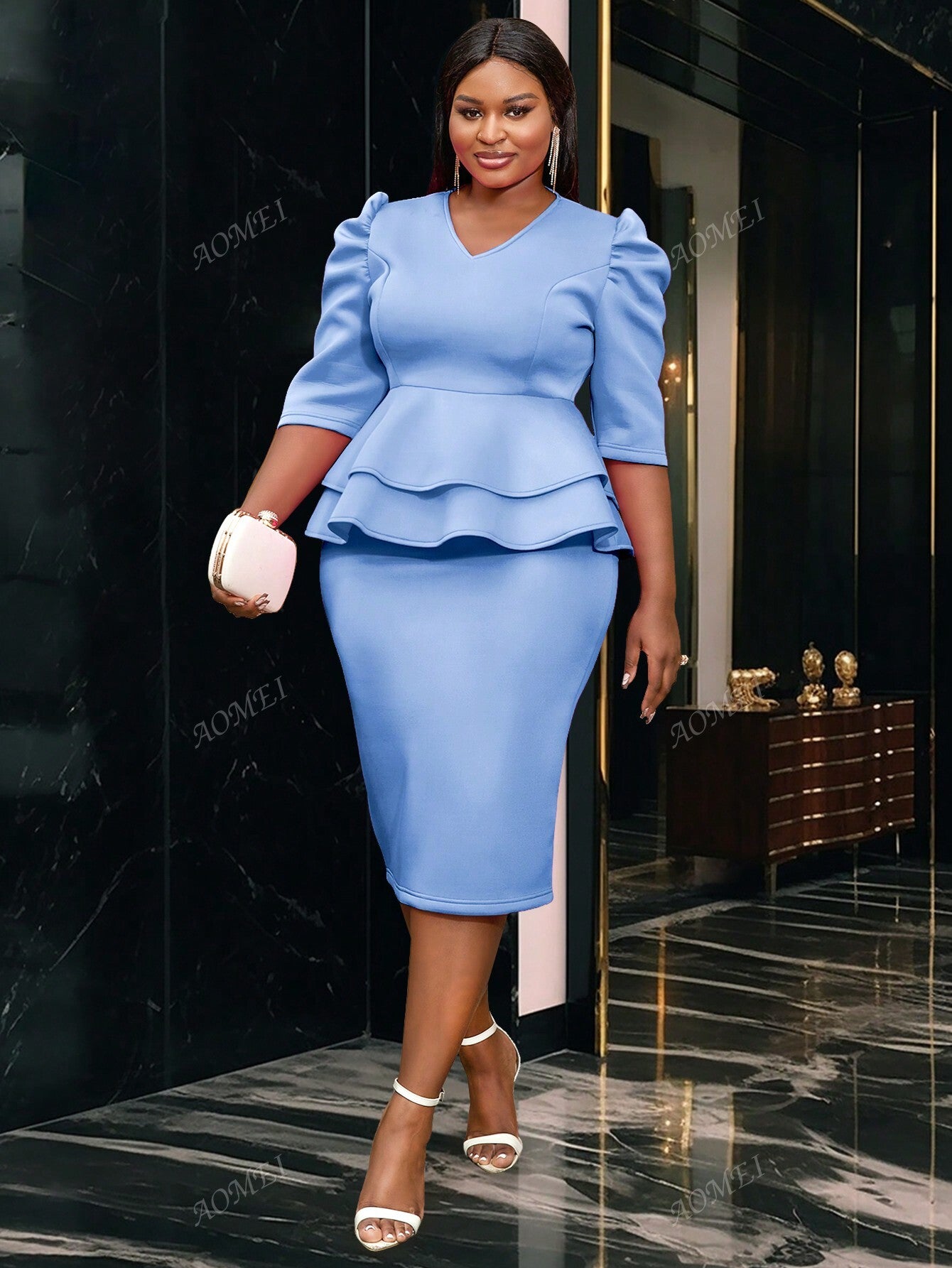 Plus Size Solid Color V-Neck Midi Tunic Dress