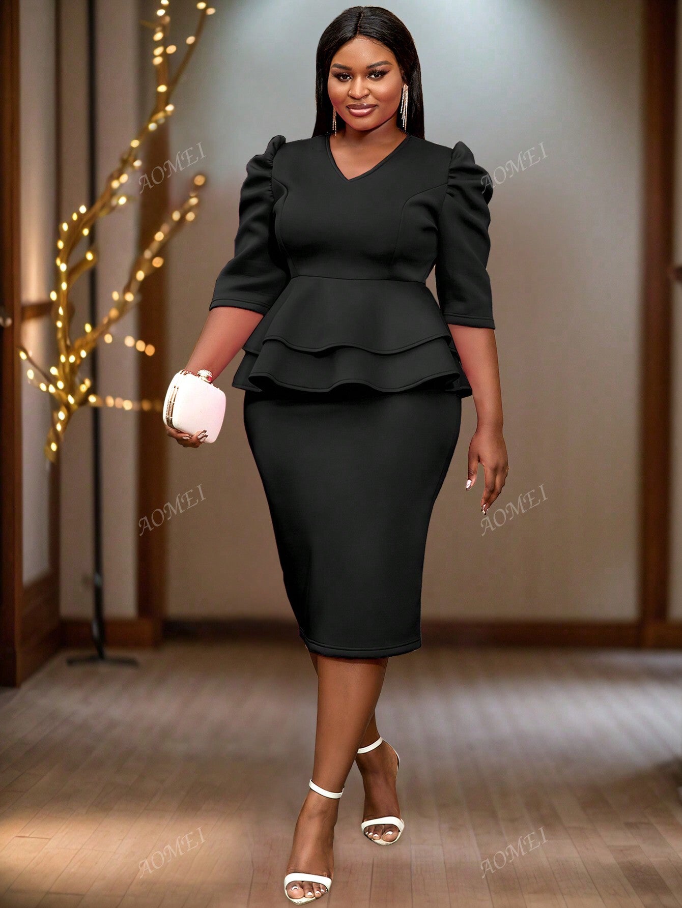 Plus Size Solid Color V-Neck Midi Tunic Dress