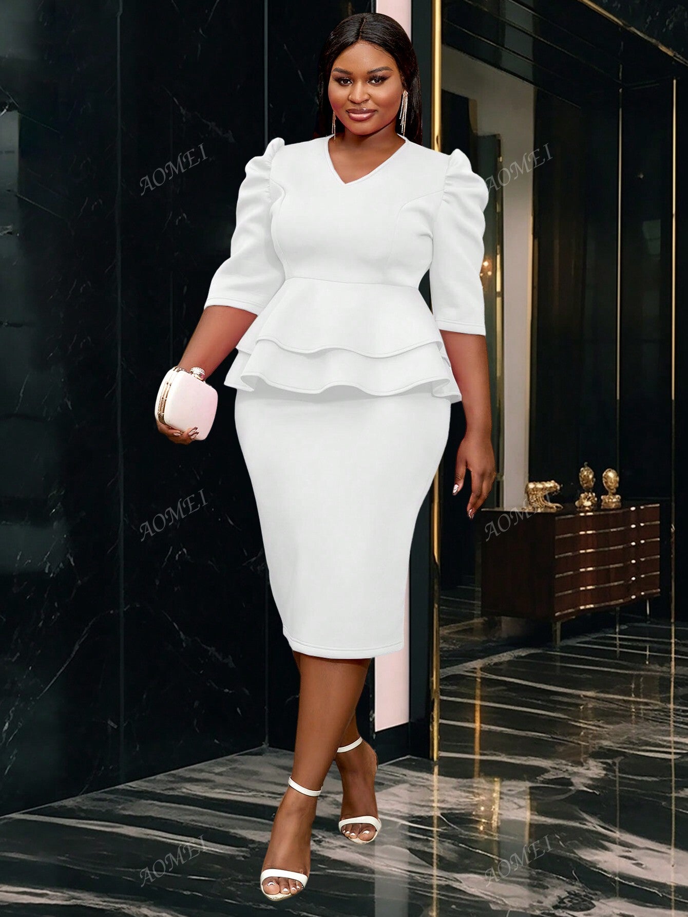 Plus Size Solid Color V-Neck Midi Tunic Dress