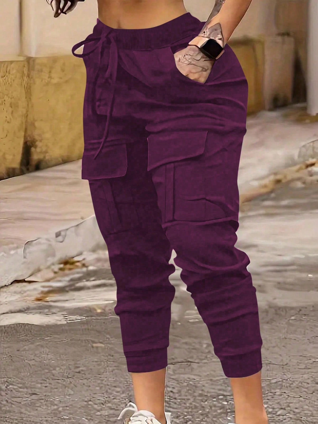 MOOSTA Plus Size Solid Color High Waist Cuffed Cargo Pants