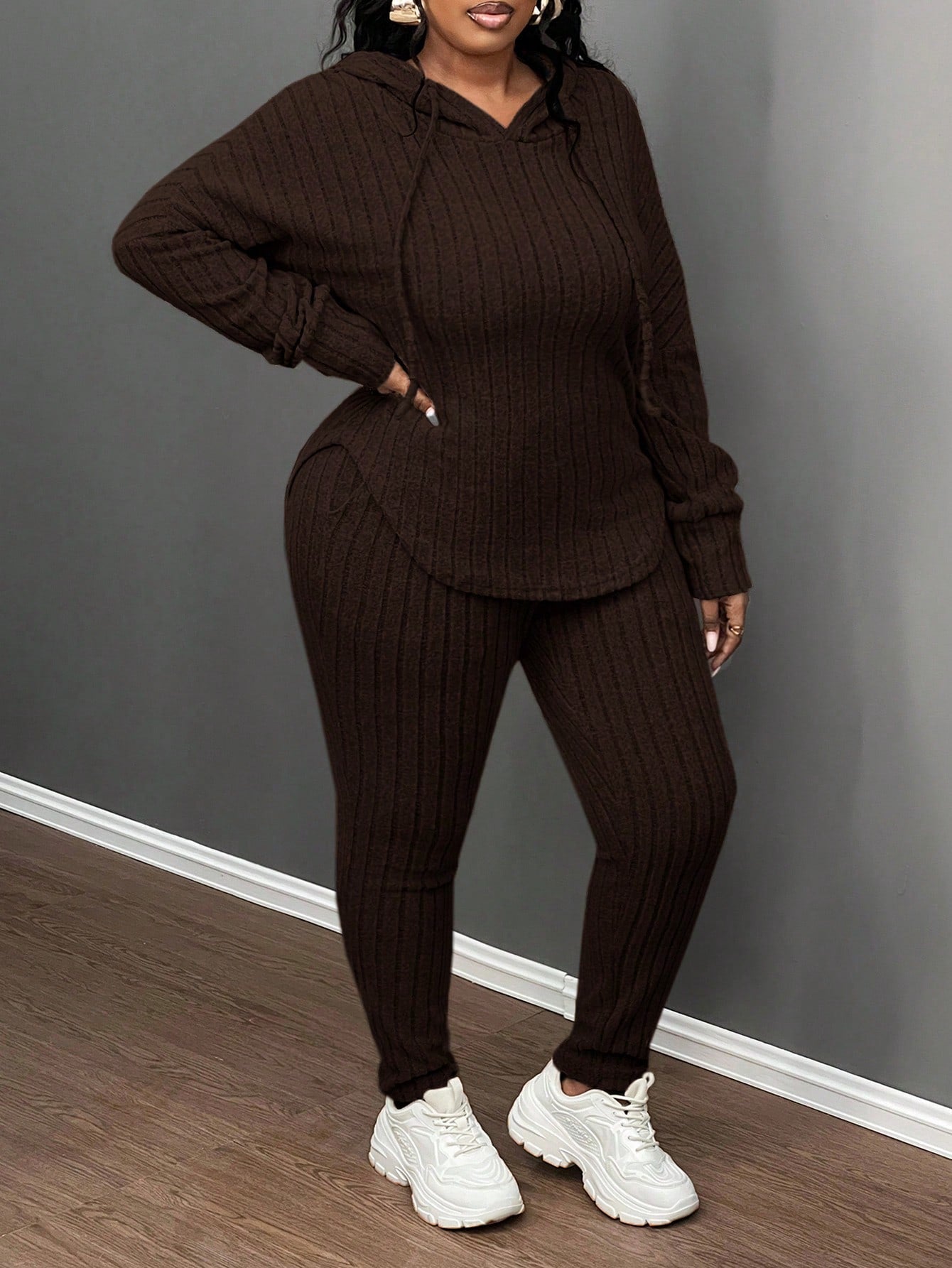 Plus Size Casual Olive Green Ribbed Knit Hoodie & Slim Fit Pants 2Pcs Set, Autumn/Winter