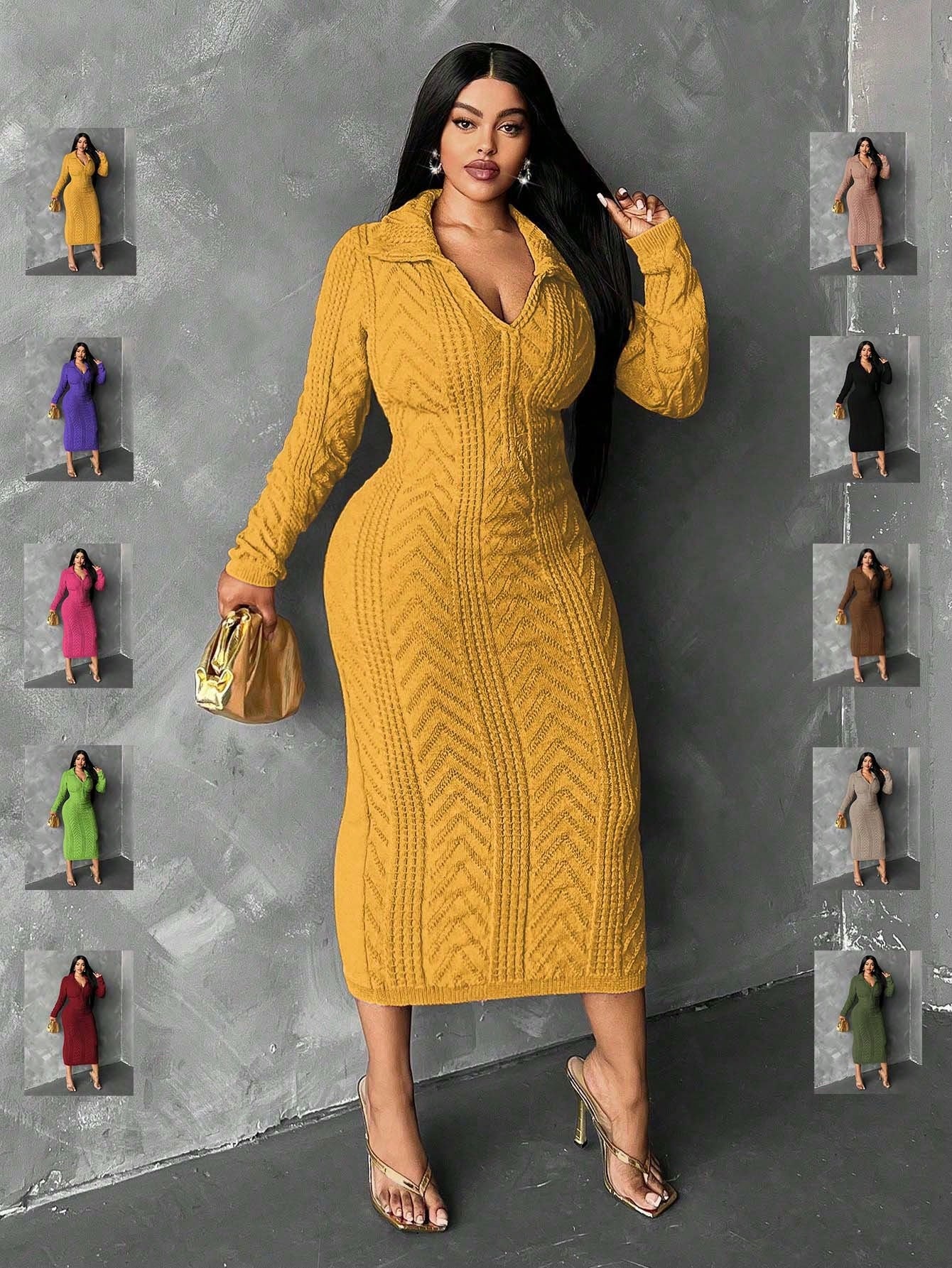 Slayr Plus Size Solid Color Turndown Collar Long Sleeve Casual Long Sweater Dress