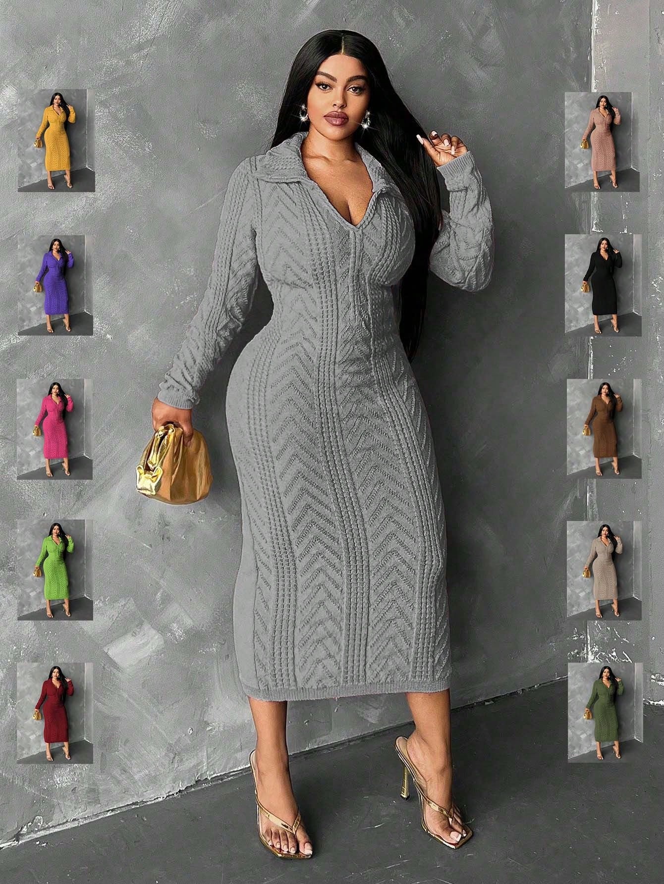 Slayr Plus Size Solid Color Turndown Collar Long Sleeve Casual Long Sweater Dress