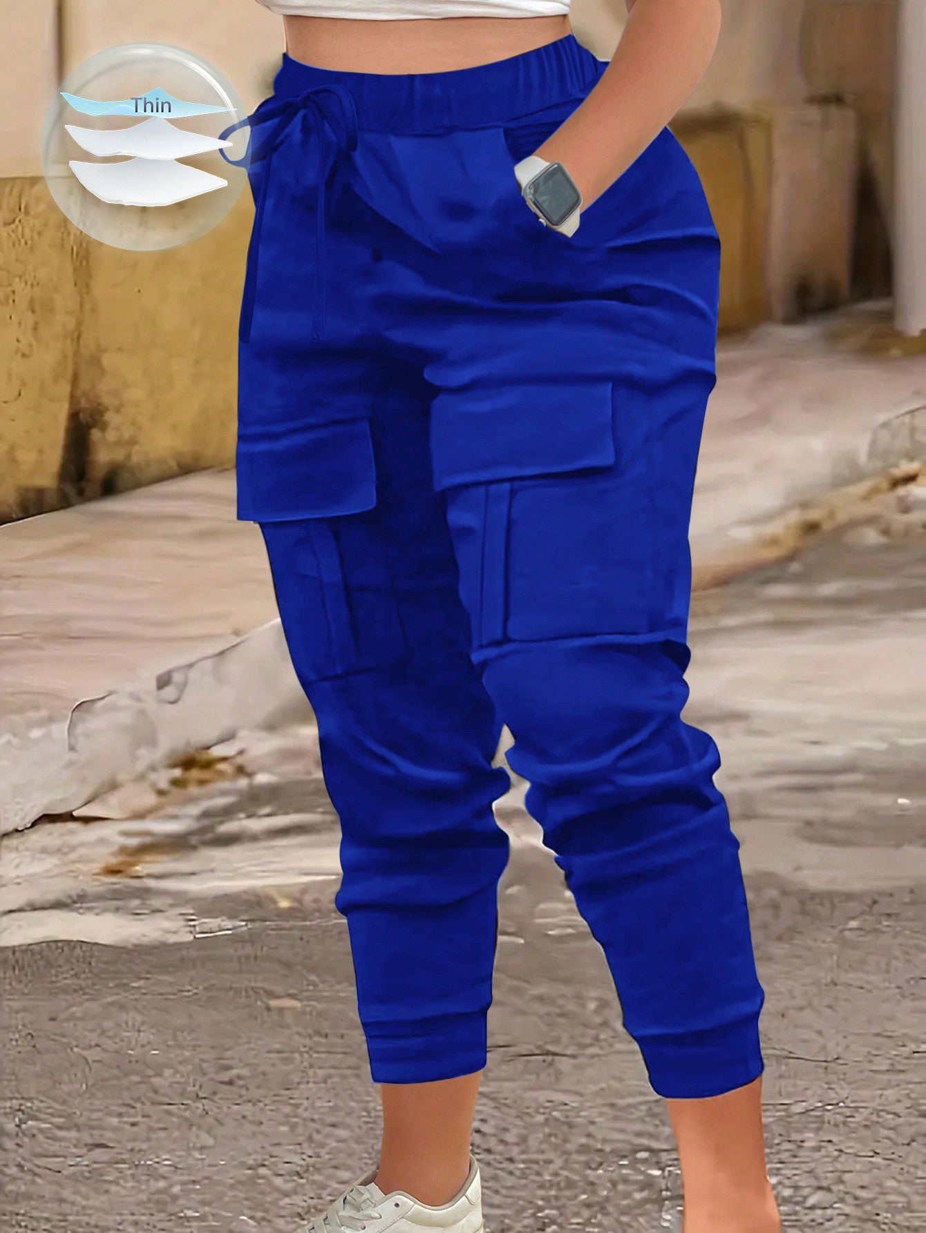 MOOSTA Plus Size Solid Color High Waist Cuffed Cargo Pants