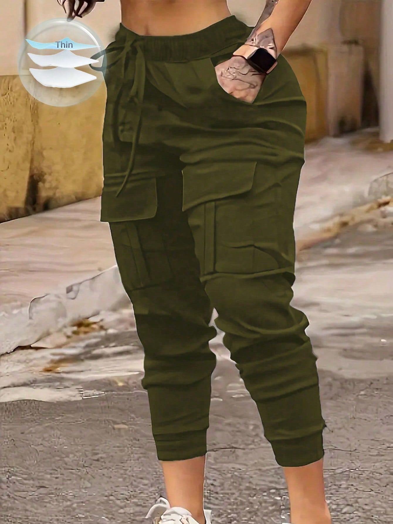 MOOSTA Plus Size Solid Color High Waist Cuffed Cargo Pants