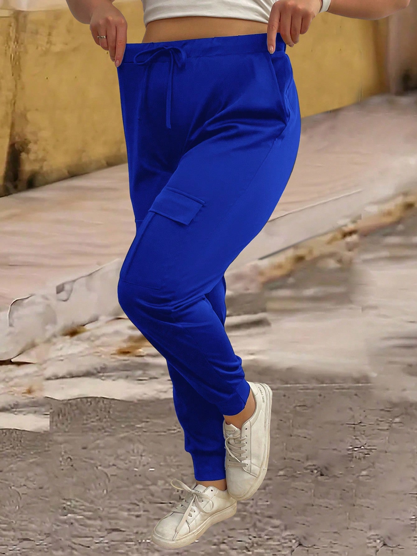 MOOSTA Plus Size Solid Color High Waist Cuffed Cargo Pants