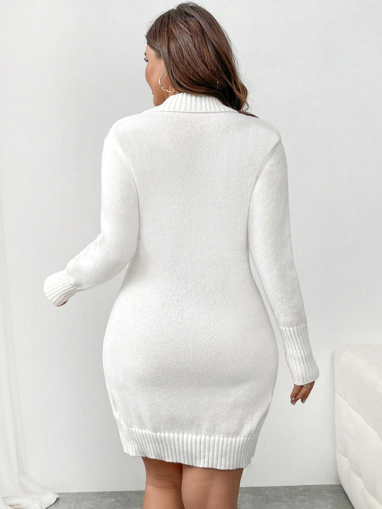 Plus Size V-Neck Long Sleeve Button Decor Simple Casual Short Sweater Dress