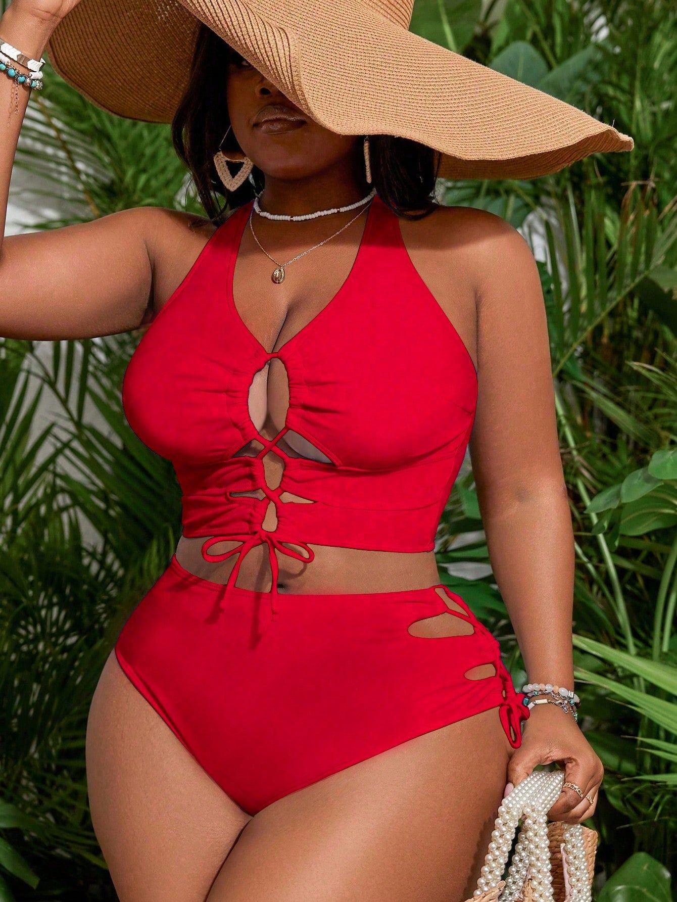 Plus Size Women Solid Color Criss Cross Strap Swimwear Set