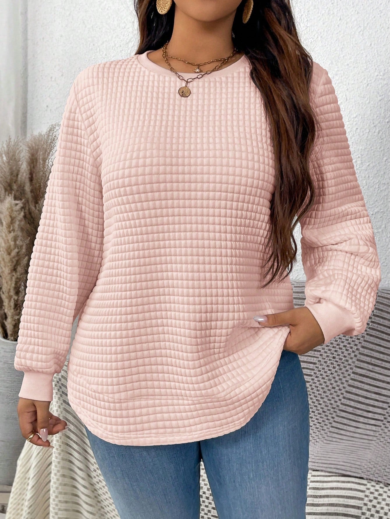 Plus Size Solid Color Round Neck Long Sleeve Simple Casual Top, Everyday Wear