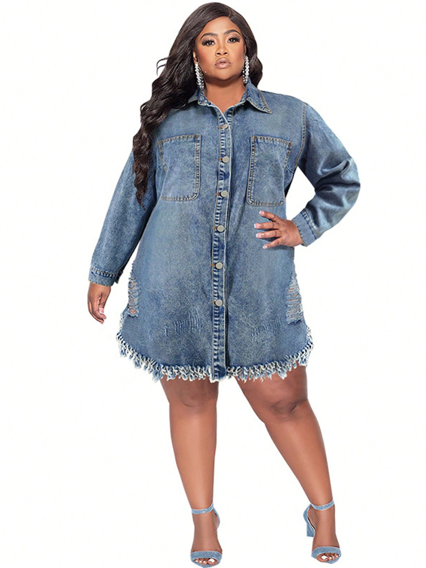Women's Plus Size Denim Shirt Dress Long Sleeve Lapel Button Down Ripped Tassel Raw Hem Jacket